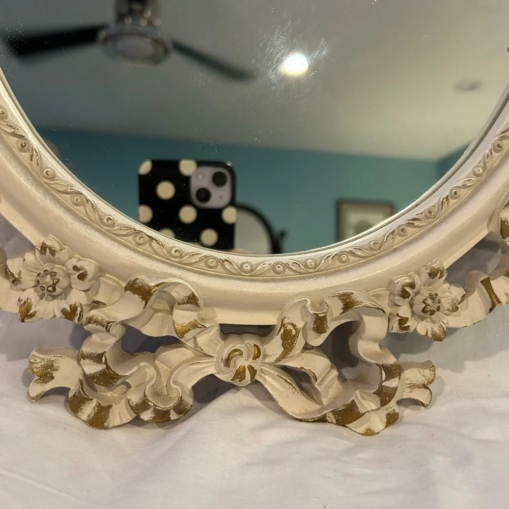 Vintage Syroco wood white and gold frame mirror, Victorian, bow